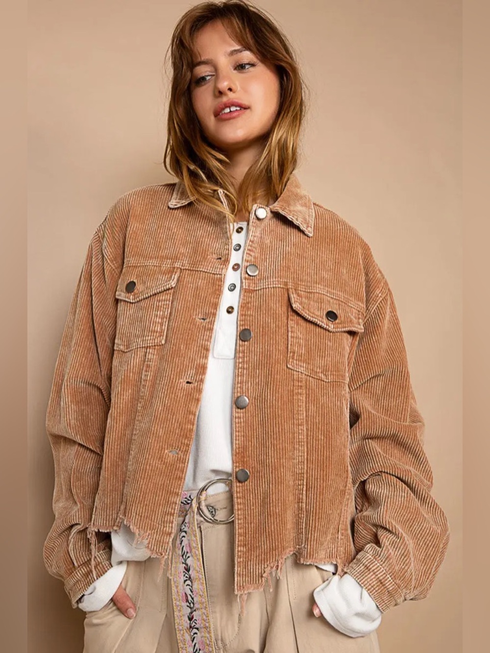 POL Clothing Love You a Latte Jacket - Cozy Corduroy Trucker Style in Teddy Bear